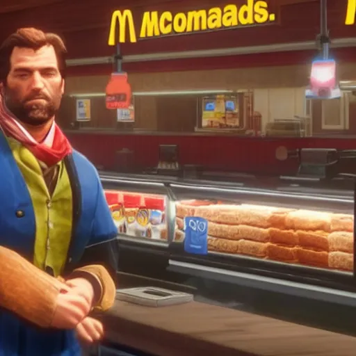 Image similar to arthur morgan as a cashier at mcdonalds