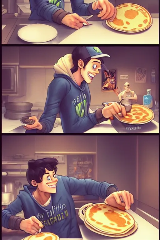 Image similar to pete davidson making pancakes, animation pixar style, by pendleton ward, magali villeneuve, artgerm, rob rey and kentaro miura style, golden ratio, trending on art station