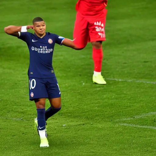 Prompt: kylian mbappe reacting to a foul