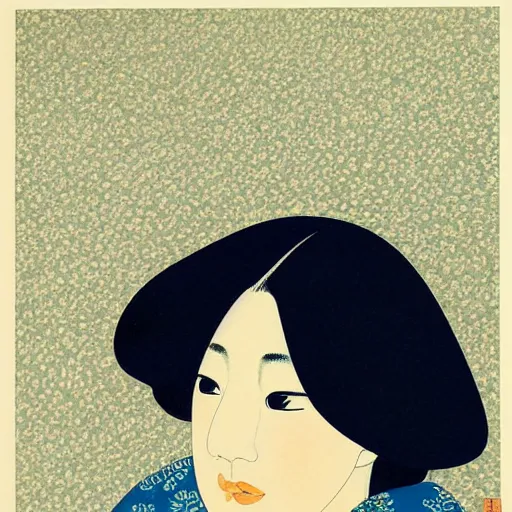 Image similar to woman portrait by ikenaga yasunari and ayana otake and ko rakusui, 6 0 s poster, drawing, realistic, sharp focus, japanese, dreamy, nostalgia, faded, golden hues, floral clothes