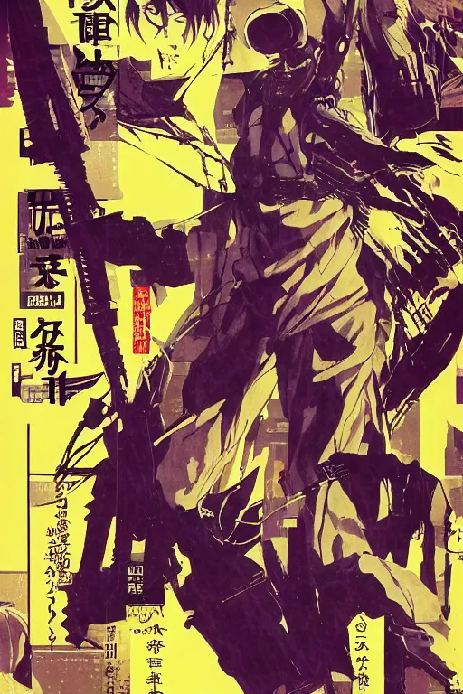 Image similar to professionally drawn seinen mature cyberpunk military horror action manga comic cover, full color, beautifully drawn coherent professional, drawn by ilya kuvshinov, ilya kuvshinov, satoshi kon, kentaro miura, dave mckean, tsutomu nihei. japanese script kanji hiragana on the cover. minimalist stylized cover art. yellow purple cel shaded