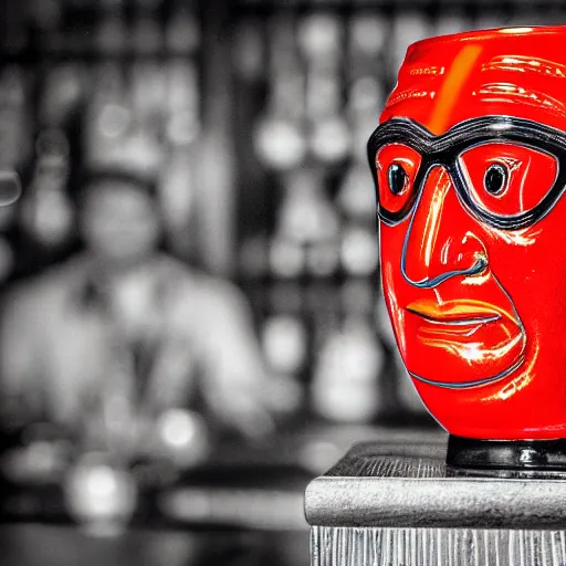 Image similar to a closeup photorealistic photograph of a glossy ferrari themed tiki mug at at a trader vic's bar featuring the face of young enzo ferrari. party. tiki theme. bright scene. fine detail. this 4 k hd image is trending on artstation, featured on behance, well - rendered, extra crisp, features intricate detail, epic composition and the style of unreal engine.