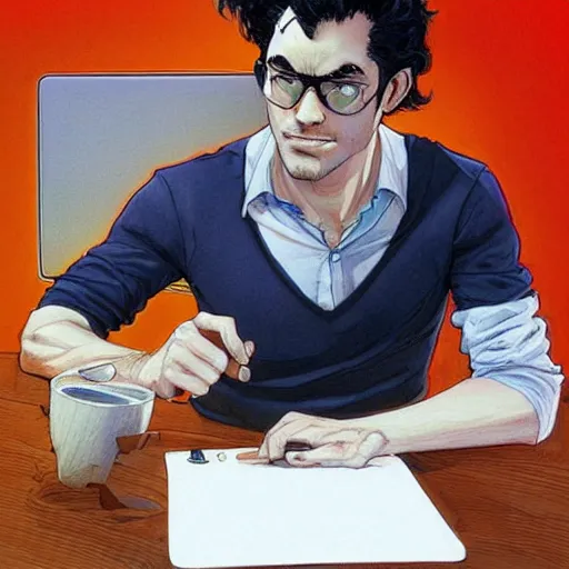 Prompt: a beautiful artwork of a young male scientist with black hair and white shirt sitting at a desk with a laptop by Jerome Opeña, featured on artstation