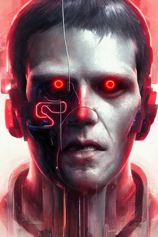 Prompt: head and shoulders render of man cyberpunk face ((glowing_red_eyes red emissives!)) android face inhuman creepy intimidating, exposed wiring bundle. detailed Tom Bagshaw and Greg Rutkowski and Alphonse Mucha Bladerunner 2049 artstation trending 165mm