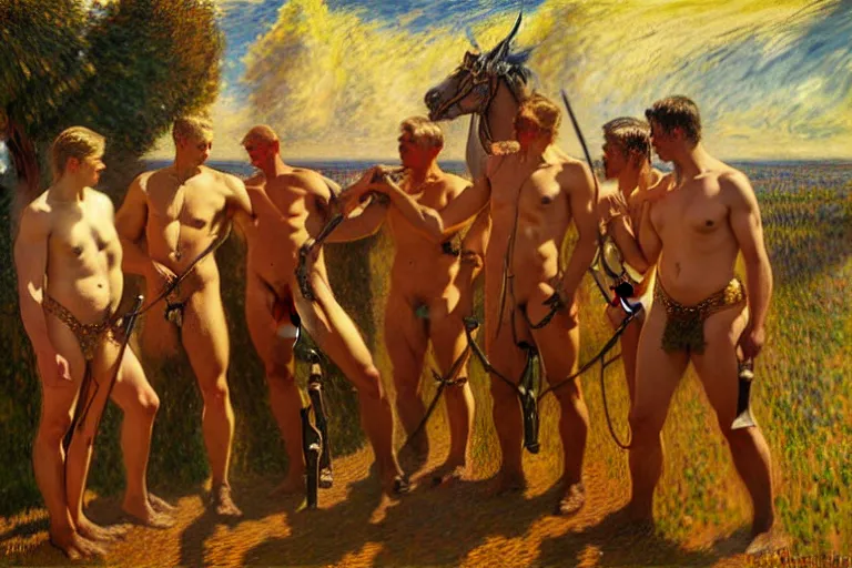 Image similar to the four horsemen of the apocalypse, painting by tom of finland, gaston bussiere, craig mullins, j. c. leyendecker, claude monet