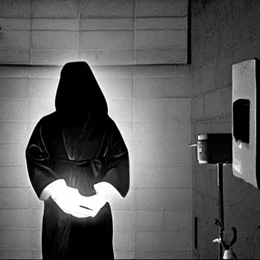 Prompt: cultist in robe with mask and gloves, ceremonial, cctv footage, horror lighting