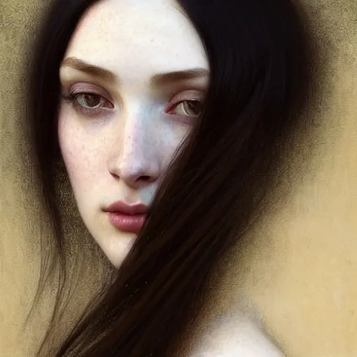 Image similar to Portrait of a beautiful, pale skin, female with long black hair, dark brown narrow-set eyes, faint smile, elegant clothing, photorealistic, highly detailed, artstation, smooth, sharp focus, art by Klimt, artgerm, Greg Rutkowski and Alphonse Mucha natural light, Adobe Lightroom, photolab, Affinity Photo, PhotoDirector 365