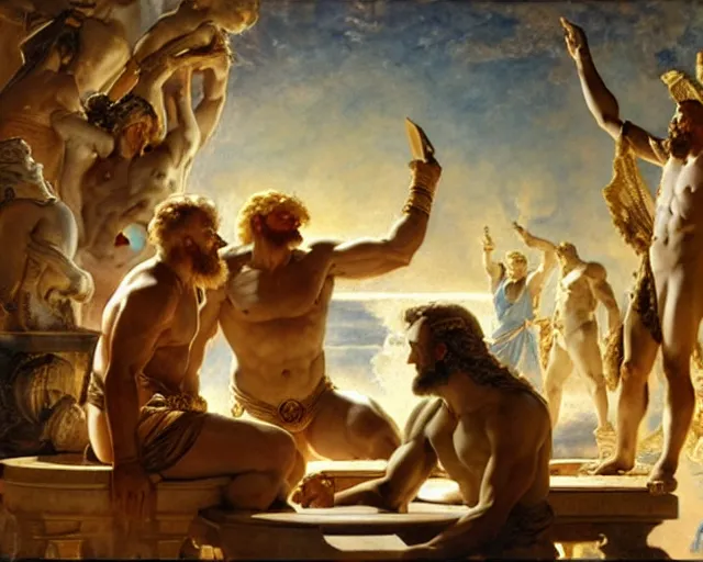 Image similar to zeus and the god jupiter argue over the fate of mankind, marble table with scrolls and papers between them, the other gods watch in horror, painting by gaston bussiere, craig mullins, j. c. leyendecker