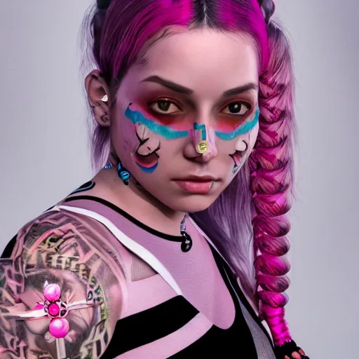 Image similar to An octane 3d render of a girl with pink pigtails, and face tattoos, 8d, HD, hyper detailed, intricate details, photorealistic, dynamic lighting, stunning visuals, creative, trending on art station,