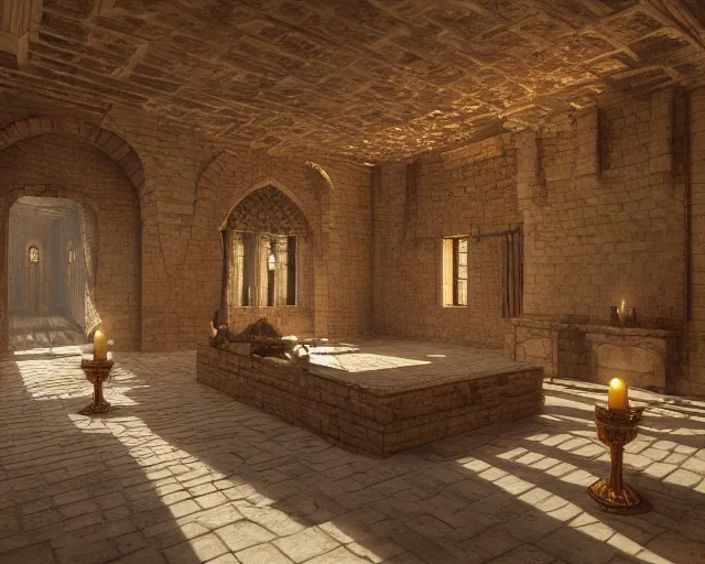 Image similar to the interior of a castle, rendered with ray tracing, volumetric lighting, smooth lighting, high detail shadows, moody lighting, candle lighting, high definition, large resolution