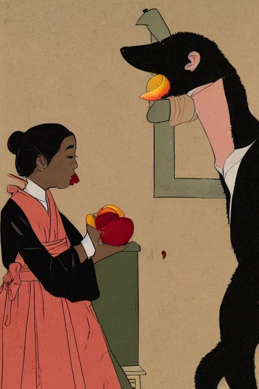 Image similar to portrait of a girl giving a peach to a large anthropomorphic asian black bear, in the style of booth franklin