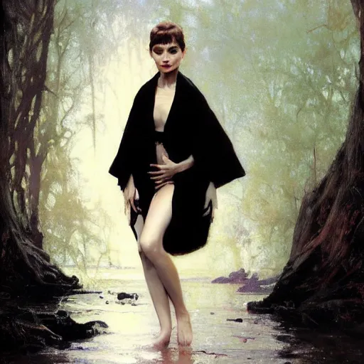 Image similar to detailed realistic cinematic wide shot of beautiful attractive audrey hepburn vampire woman wearing black bath robe slim face symettrical face clean skin black eyes black robe smooth, sharp focus, ultra realistic, spring light, painting by gaston bussiere, craig mullins, j. c. leyendecker