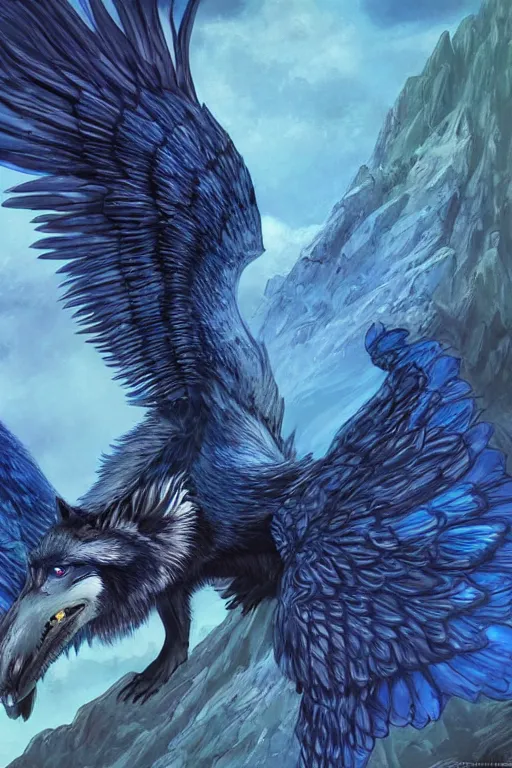 Image similar to blue feathered wolf with wings on a beautiful fantasy landscape, facing front, hills, mountains, moonlit, hd, illustration, epic, d & d, fantasy, intricate, elegant, highly detailed, digital painting, artstation, concept art, smooth, sharp focus, illustration, wallpaper, art by artgerm and greg rutkowski and alphonse mucha and jin xiaodi