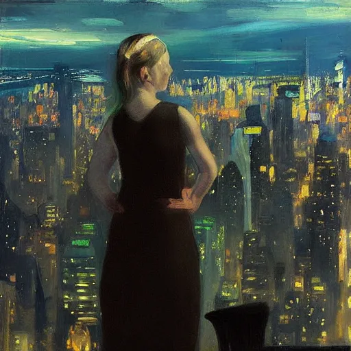 Prompt: “ a girl! looking down at a futuristic new york city below, ghostpunk, detailed face, oil painting, by george bellows ”