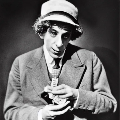 Image similar to Harpo Marx with a hat and a harmonica in his mouth, a black and white photo by Eugene Leroy, pinterest, american barbizon school, movie still, 1920s, criterion collection