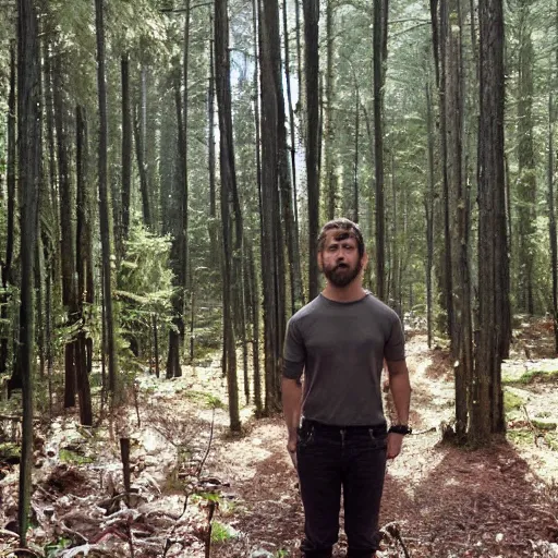 Prompt: in a forest, shia labeouf, badly hiding behind a bolder, sneaking around looking at the camrea, at lest 6 feet away