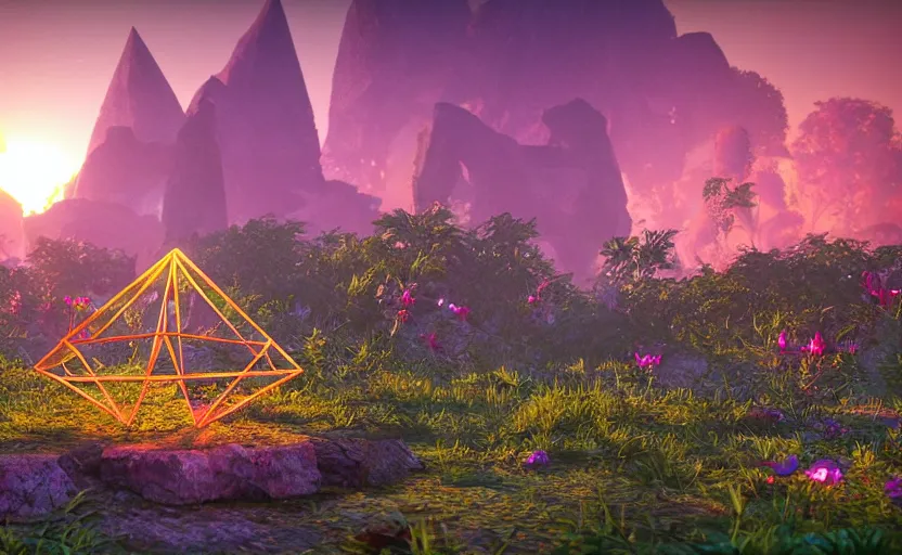 Image similar to a crystal tetrahedron!!! in the middle of ancient ruins in a lush prehistoric jungle, inside a humongous cave, red and magenta flowers, sunset, godrays, orange and blue sky, haze, volumetric lighting, a high - quality render, photorealistic, unreal engine 5