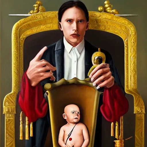 Image similar to hyper realistic painting of a handsome man symmetrical, sitting in a gilded throne, tubes coming out of the man's arm with blood, getting a blood transfusion from a baby, bloody ivs, plague doctor in the background created by wes andersson