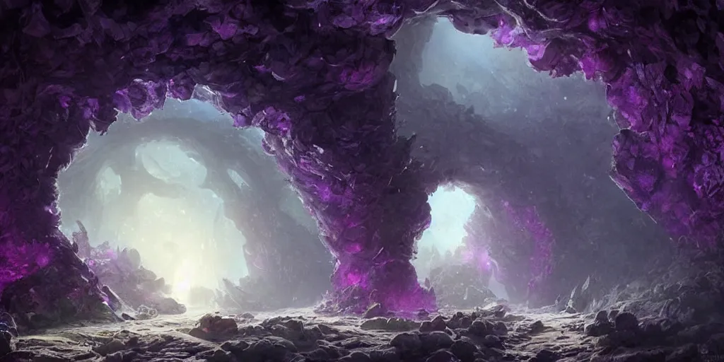 Image similar to beautiful hyper realistic zergling tunnel in cave of purple crystals, beautiful painting by greg rutkowski