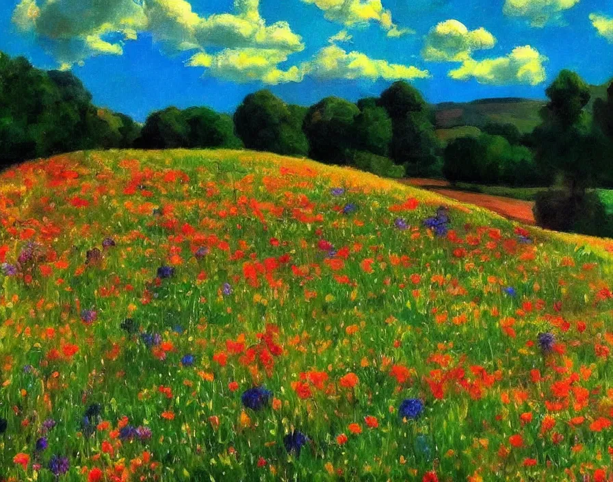 Prompt: a beautiful meadow full of colorful flowers, the sky is the galaxy, very aesthetic, detailed, cinematic lighting, in the style of edward hopper,