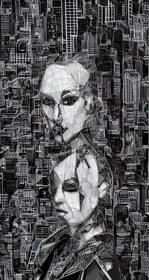 Image similar to cypherpunk fashion illustration, camera face, city street background with high tall buildings, central park, abstract portrait highly detailed, finely detailed, shadows realism