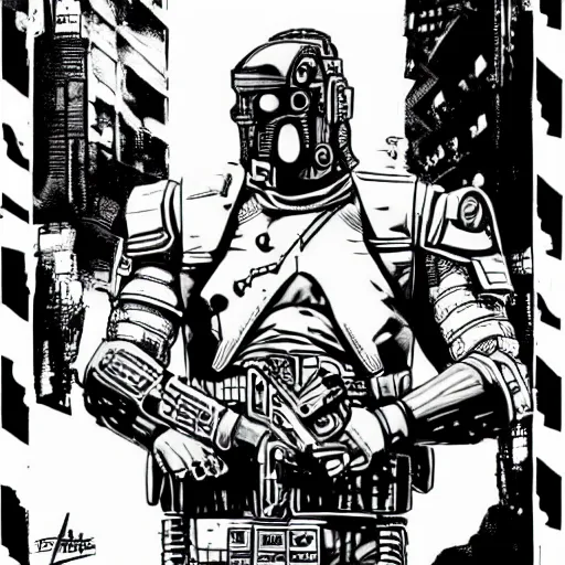 Image similar to sci - fi, dystopian bounty hunter, art by kevin eastman, black and white