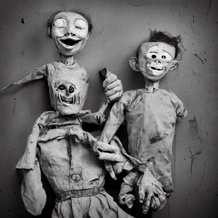 Image similar to creepy ventriloquist dummy in the style of roger ballen, 4 k, bw, portrait