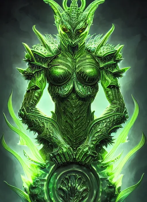 Image similar to muscular and tall green ghostly fire humanoid dragon!!!! draconian!! intricate ornate iridescent heavy armor!! character concept art, sharp focus, octane render! unreal engine 5! highly rendered!! trending on artstation!! detailed linework!! illustration by artgerm, wlop, and chie yoshii