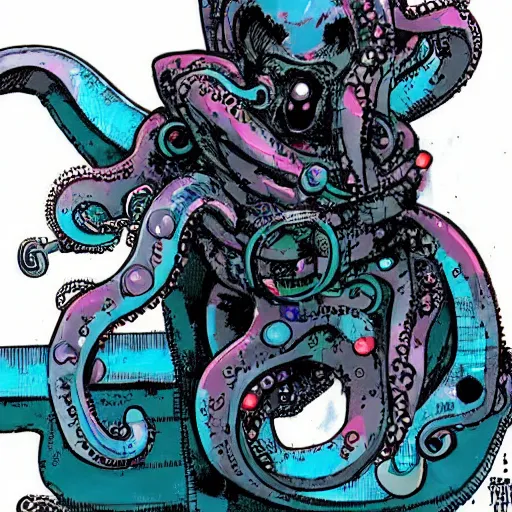 Image similar to a cyberpunk octopus, in the style of Ashley Wood and Moebius