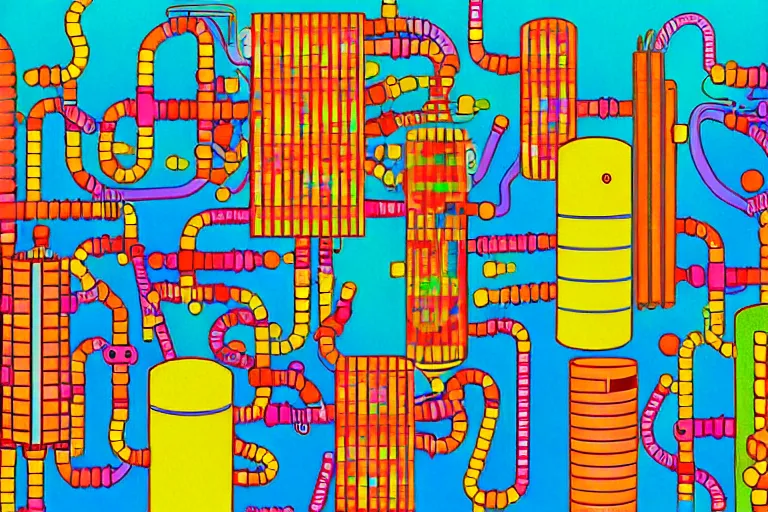 Image similar to an elaborate penned child illustration of a colorful intricate connected city of tubes and pipes, by martin handford and by jan van haasteren