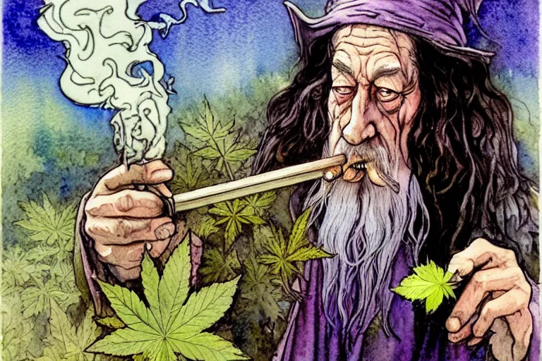 Image similar to a realistic and atmospheric watercolour fantasy character concept art portrait of gandalf with pink eyes lying on his back looking happy and confused and smoking weed out of his pipe with a pot leaf nearby, by rebecca guay, michael kaluta, charles vess and jean moebius giraud