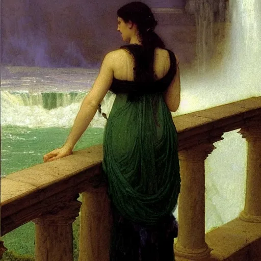 Prompt: a renaissance oil painting by alma tadema of a woman turned back on a stone balcony covered in moss with over shoulder view on the niagara falls waterfall at night, colourful pastel artstation greg rutkowski, detailed academic bouguereau, sharp focus