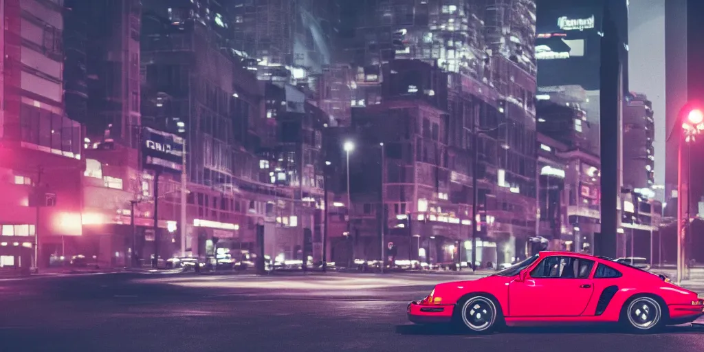 Image similar to Lone 80s red Porsche sports car doing a burnout on a deserted city street at night time, purple lighted street, wide angle, cinematic, hard focus, retro-wave vibes, grainy, soft motion blur, VHS Screencap