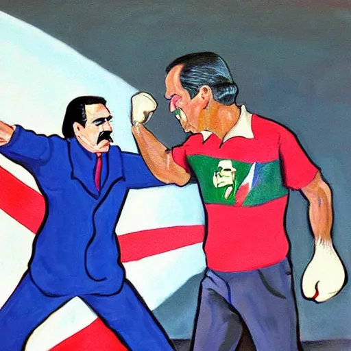 Prompt: Painting of George H.W. Bush punching Saddam Hussein in the stomach