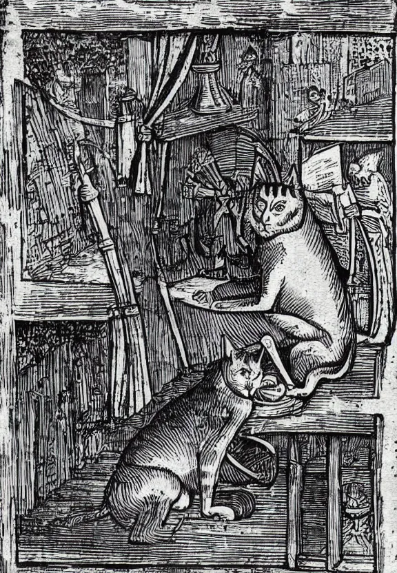 Prompt: [Grim medieval illustration of a cat watching youtube on a computer]