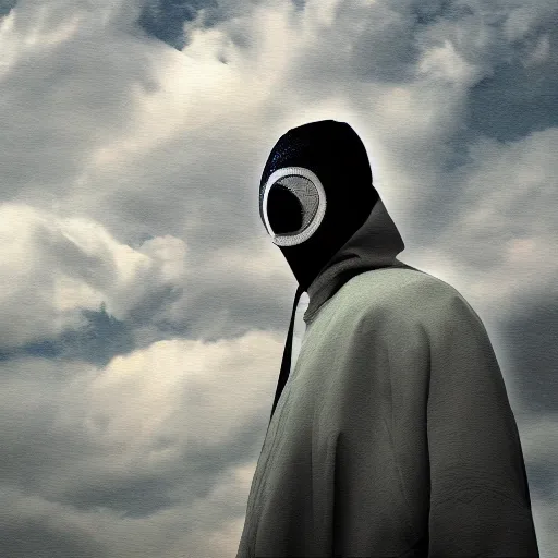 Prompt: a masked man standing among the clouds, digital art