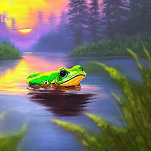 Image similar to frog that looks like bob ross painting a beuatifull painting of a river in the mountains and a beautiful sunset, photorealistic