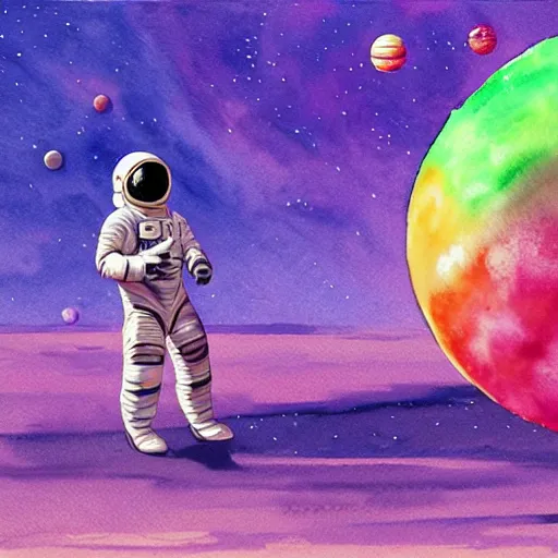 Prompt: An astronaut holding a beachball, stranded on an alien island. the ocean is purple, and there are 2 planets in the sky. watercolour painting, oil painting, matte painting, cinematic, concept art, HD, colourful, synthwave, studio ghibli, purple, astral, nightmare, beautiful, otherworldly, intricate, highly detailed, mystical