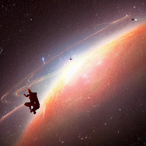 Prompt: two people flying across the andromeda galaxy.