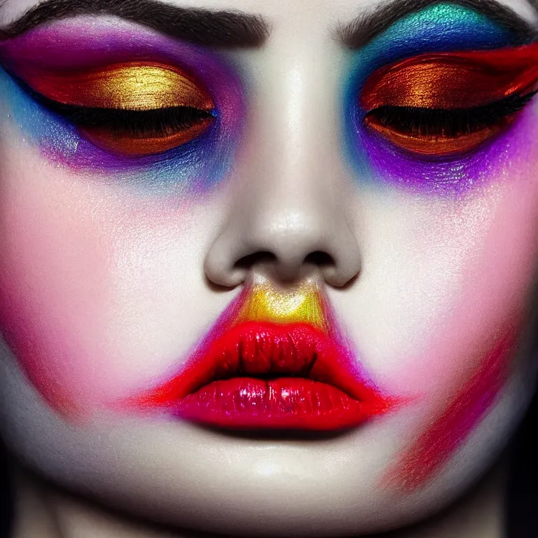 Prompt: amazing closeup portrait of an ugly woman with beautiful colorful make up by Sir John, Pat McGrath, perfect colorful eyeshadows, 50mm portrait, beautiful detailed intricate insanely detailed octane render trending on Artstation, 8K artistic photography, photorealistic, dramatic volumetric cinematic perfect light, chiaroscuro, award-winning photograph, masterpiece, Raphael, Caravaggio, harsh flash photography