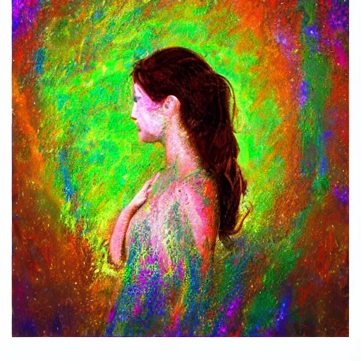 Prompt: a woman 💃 disintegrating into small particles of love, behancehd, impressionism