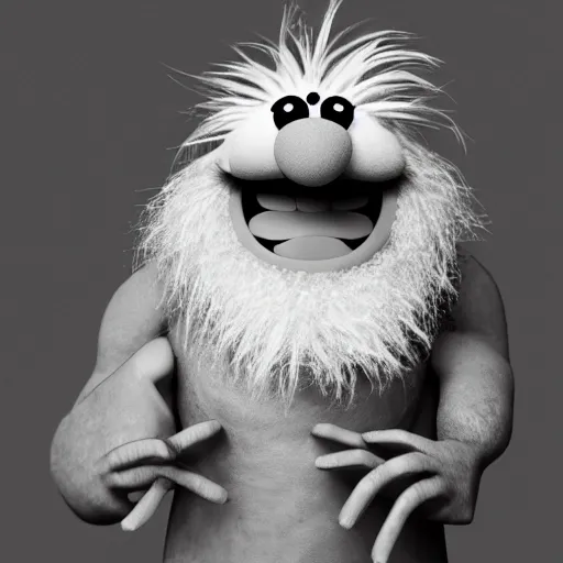 Image similar to a still of a forgotten muppet character looking very manly and modern, hilarious, laughing, hairy chest, huge chin, manly monster tough guy, roughled fur, photo real, photographic, photograph, artstation, trending, featured