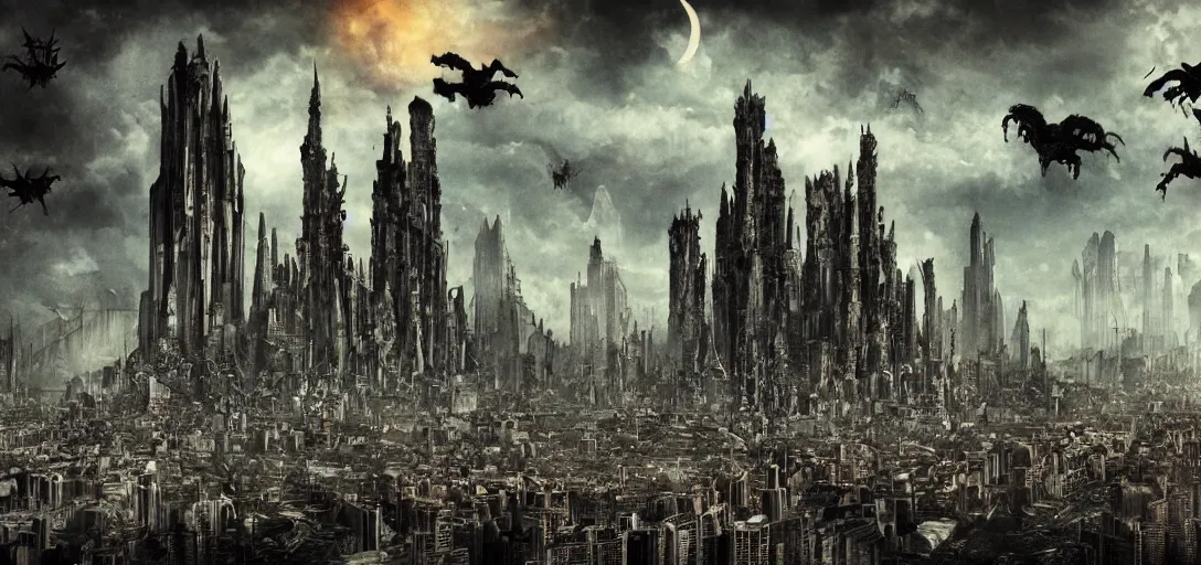 Prompt: Mega City with Monsters flying around it, gothic art, color, eerie, horror, scary, ominous, 8k, highly detailed