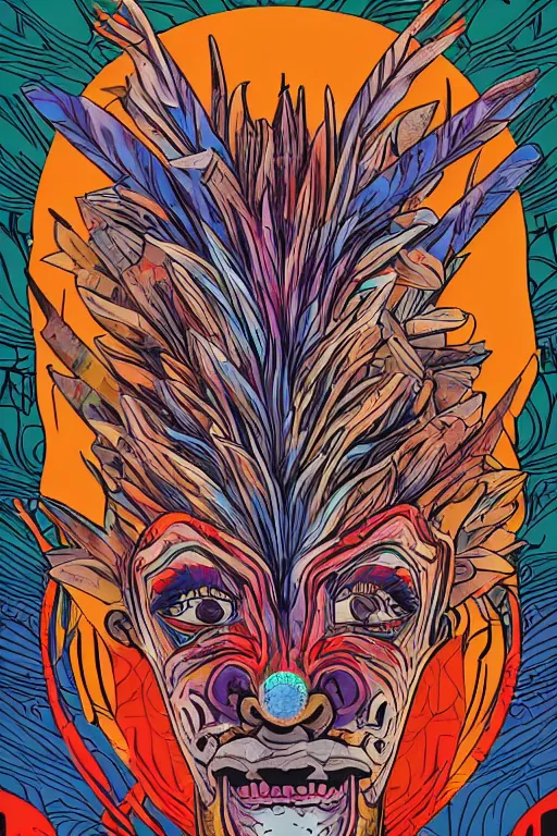 Image similar to animal mask totem roots flower tribal feather gemstone plant wood rock shaman vodoo video game vector cutout illustration vivid multicolor borderlands comics by josan gonzales and dan mumford radiating a glowing aura