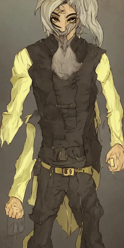 Image similar to Photo of the character with pale ash-colored skin, yellow cat-eye, black thick hair with a touch of gray to the shoulders, with neat stubble, similar to a small beard and with a strong build. He wore a plain old shirt, with a light leather armor over it, and leather pants with a belt, and a floor-length hooded cloak over his back, beautiful light, cinematic, sharp focus, digital art, full body, elegant, highly detailed, 8k, photorealism