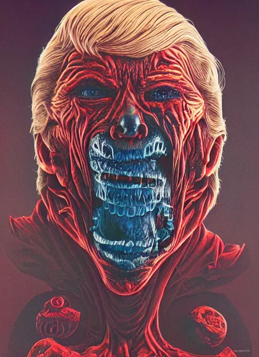 Image similar to donald trump's disgusting true form revealed, horror, high details, intricate details, by vincent di fate, artgerm julie bell beeple, 1980s, inking, vintage 80s print, screen print