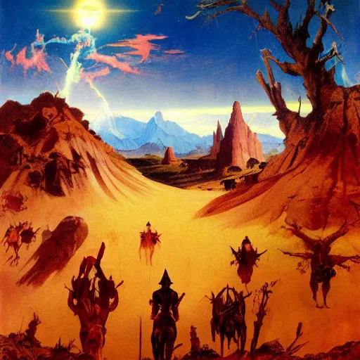 Image similar to journey of Bucolic gaze death wisdom Bedouin under crimson azure diamond sky, in the style of Frank Frazetta, Jeff Easley, Caravaggio, extremely clear and coherent, clear lines, 8K revolution