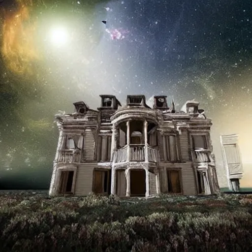 Prompt: abandoned mansion in the galaxy surrounded by black hole, ultra realistic