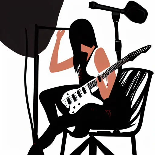 Image similar to beautiful goth girl with short black hair playing an electric guitar sitting on a chair, 8k, super detailed, extremly detailed face, sharp, drawing, illustration