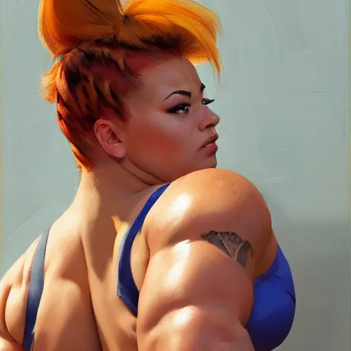 Image similar to greg manchess portrait of thick muscular weightlifter zarya from overwatch with ponytail and blonde hair, medium shot, asymmetrical, profile picture, organic painting, sunny day, matte painting, bold shapes, hard edges, street art, trending on artstation, by huang guangjian and gil elvgren and sachin teng